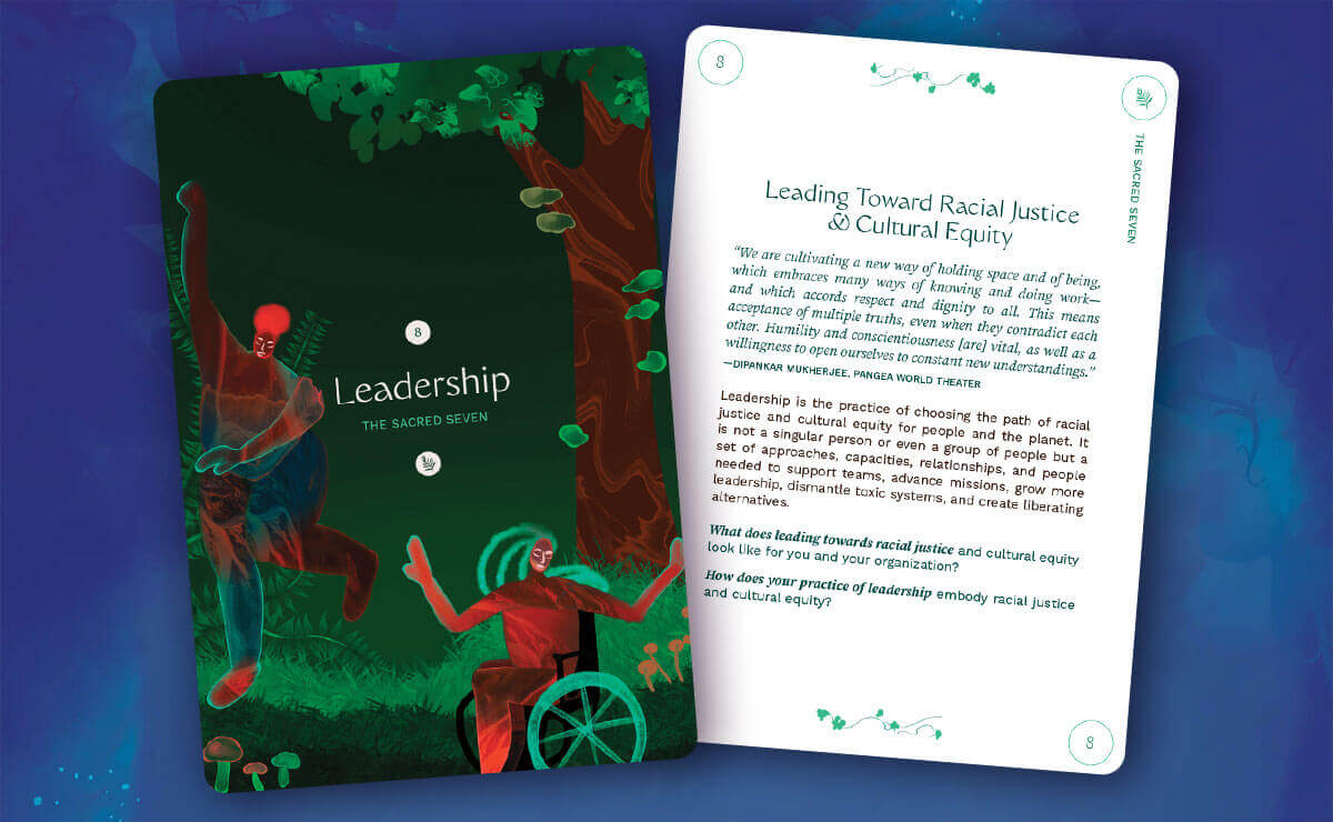 Front and back of card number eight from LANE's Mixed Metaphor Learning Deck. The front (image depicted on the left) is an illustration of a green forest scape of trees, wild grass, ferns, and mushrooms, flanked by two dancing people, one standing and one sitting in a wheelchair with the title 'Leadership: The Sacred Seven' centered in the middle of the card. The back (image depicted on the right) contains the headline 'Leading Toward Racial Justice & Cultural Equity' followed by text too small to read.