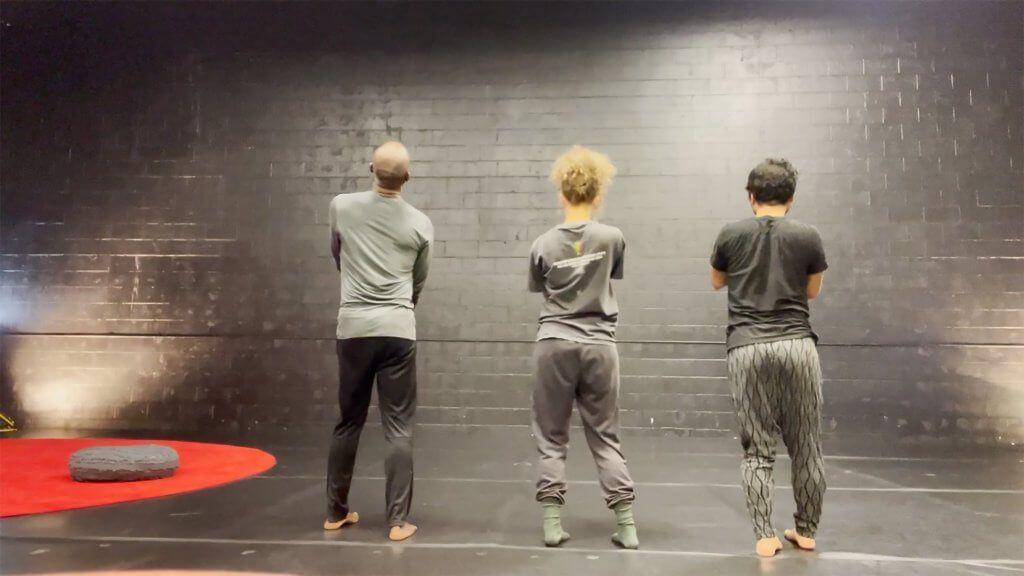 Image shows David Thomson, Anna Martine Whitehead, and Takahiro Yamamoto, all wearing shades of gray with their backs toward the camera. They are all barefoot, Anna has on green socks. They are in a stark gray/black room. There is a red round carpet with a small round cushion on the left side of the performers.