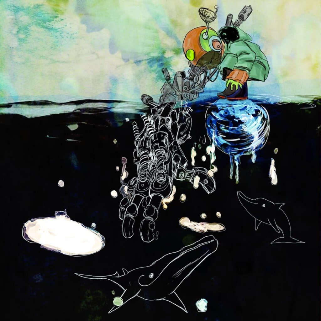 A dark-skinned toddler squatting on a bubble in an ocean of oil. The bubble is also the earth. The ocean of oil has porpoise and humpback whales drawn in white lines. The toddler is wearing a neon green raincoat and orange futuristic skull cap with a mini satellite dish on the top. The toddler’s right arm is an oversized mechanical arm reaching into the oil ocean towards the whale.