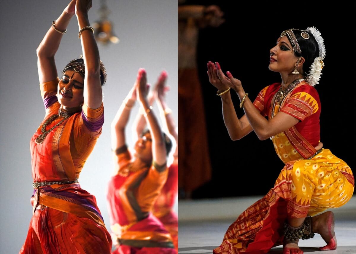 Two photos side by side. To the left are three Indian dancers with arms raised above their heads. On the right is one Indian dancer kneeling with hands and face uplifted. All dancers are wearing orange, red and yellow traditional costumes.