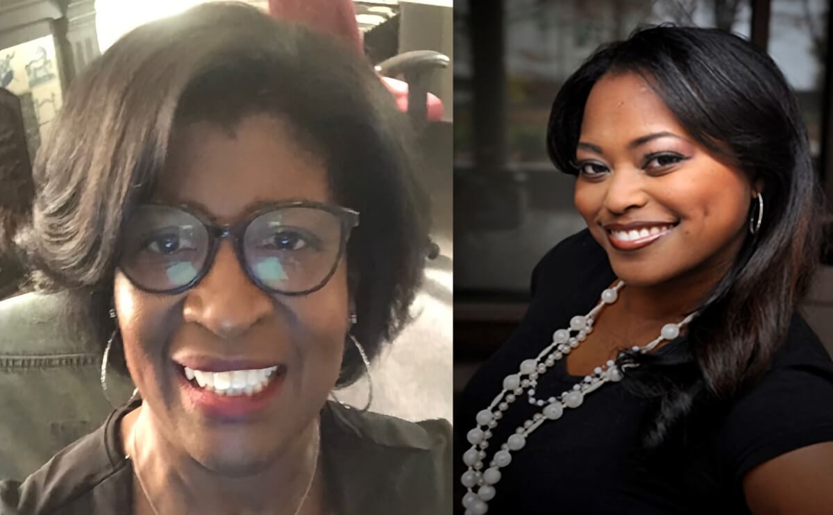 There are two photos. One depicts HHM Managing Director, Donna Watts-Nunn, smiling. Donna is a medium brown-skinned woman wearing brown, rounded glasses. Donna has neck-length brown hair and is wearing red lipstick, silver hoops, and a brown shirt. The other photo depicts Education & Program Consultant, Ravi Windom. Ravi is a medium-brown-skinned woman with a bright smile and dimple. Her hair is long, she is wearing brown lipstick and a black shirt.