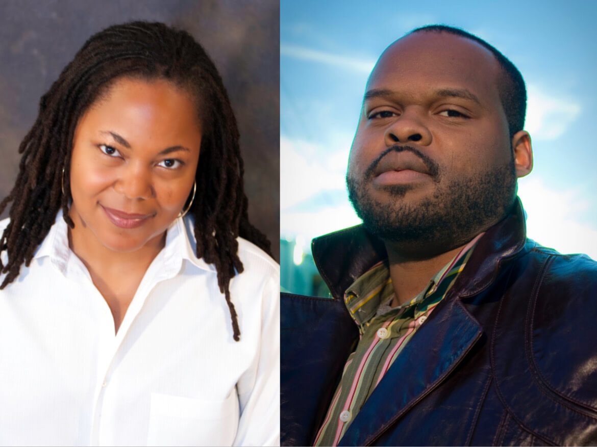 The image depicts Tyra Dixon a brown-skinned Black woman with locs, wearing a white shirt with a purplish background on the left. On the right, the image shows Quentin Talley, a brown-skinned Black man, wearing a burgundy coat and striped shirt with a light blue sky as the backdrop.