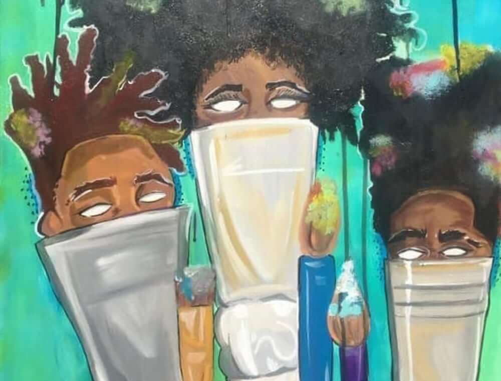 A cropped close-up of a painting by Kerrigan Casey. Three oversized paintbrushes stand upright in front of an electric green background. Instead of paint bristles, each brush has the top half of a Black head from the bridge of the nose up, with blank white eyes and hair holding splotches of colorful paint. Three smaller brushes are displayed in the foreground, with typical bristles covered in paint.