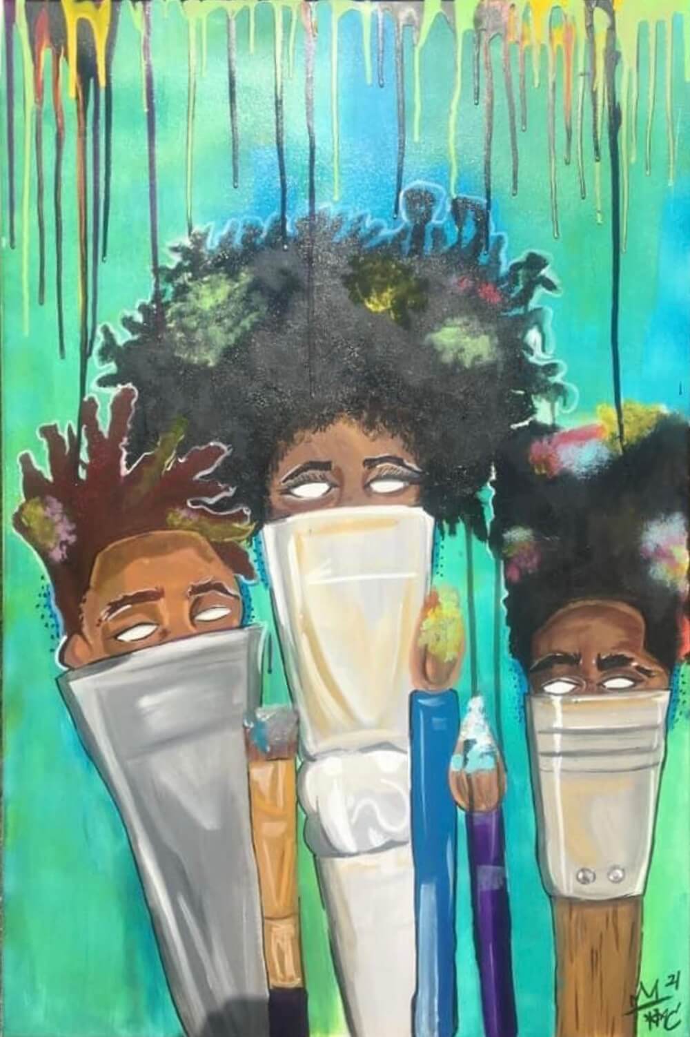 kerrigan-casey-art-of-resistance-3-full-image Photograph of a painting by Kerrigan Casey. Three oversized paintbrushes stand upright in front of an electric green background. Instead of paint bristles, each brush has the top half of a Black head from the bridge of the nose up, with blank white eyes and hair holding splotches of colorful paint. Three smaller brushes are displayed in the foreground, with typical bristles covered in paint. Across the top of the canvas, rivulets of yellow, orange, green, and black paint drip down.