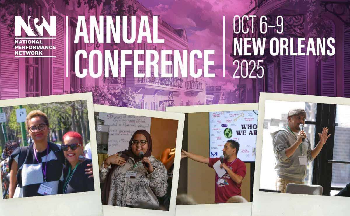 A promotional graphic for the NPN’s Annual Conference scheduled to take place in New Orleans from October 6-9, 2025. The design features the NPN’s logo and the title in bold, white text on a pinkish-purple background, alongside the event dates and location. Below the text are several Polaroid-style images showcasing various moments from previous events, including people posing together, vibrant decorations, and a person speaking. The overall aesthetic is modern and inviting, highlighting the event’s community-oriented and creative atmosphere.