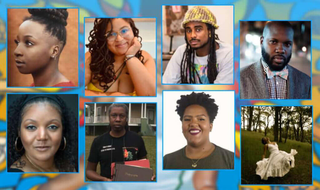 Boxes in two rows of four show headshots of eight artists of color above a background with a design in light blue and golden yellow.