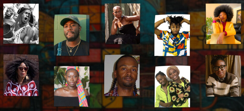 Boxes in two rows of four show headshots of ten artists of color above a dark patterned background.