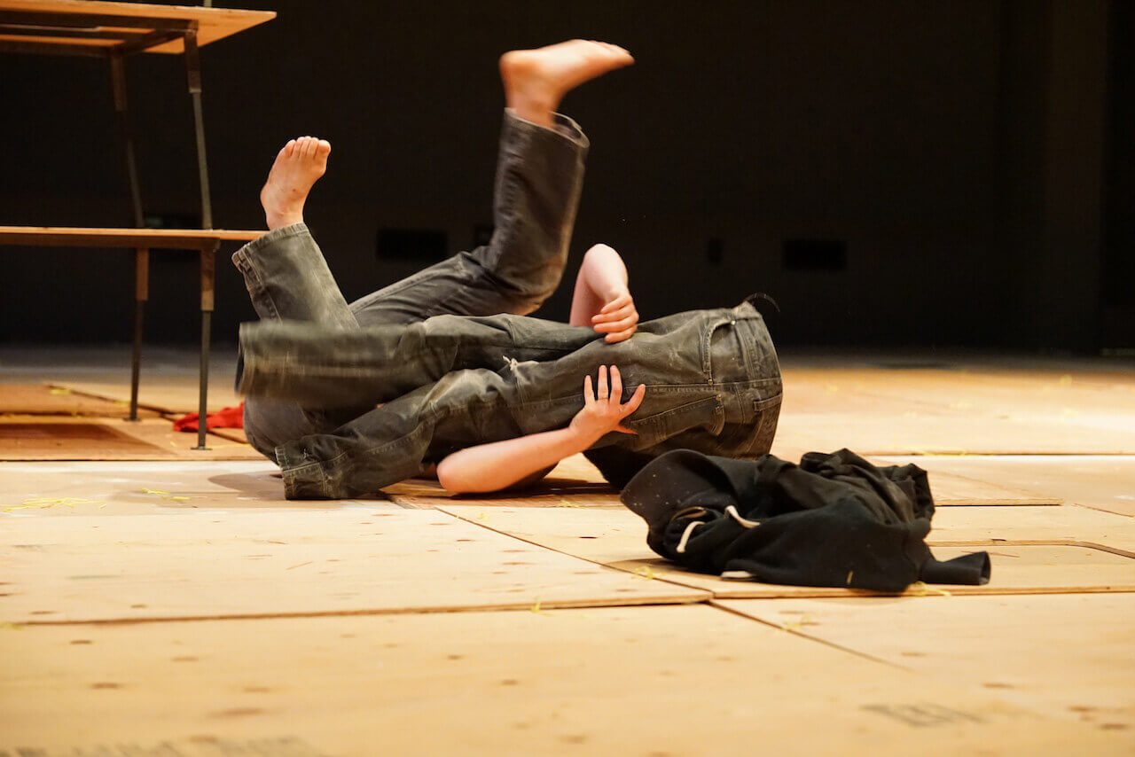 A white light-skinned person is wrestling a grey pair of pants. The pants being wrestled have been shaped to appear as if there were legs inside of them, even though they are empty. The pants block the face and torso of the wrestling person, so that all you can see are their legs, feet, arms, and hands. Their arms and hands wrap around the empty pants, while their legs chaotically kick upward. The person wrestling the pants is wearing an identical pair. This scene takes place on a floor made from tied-together squares of plywood.