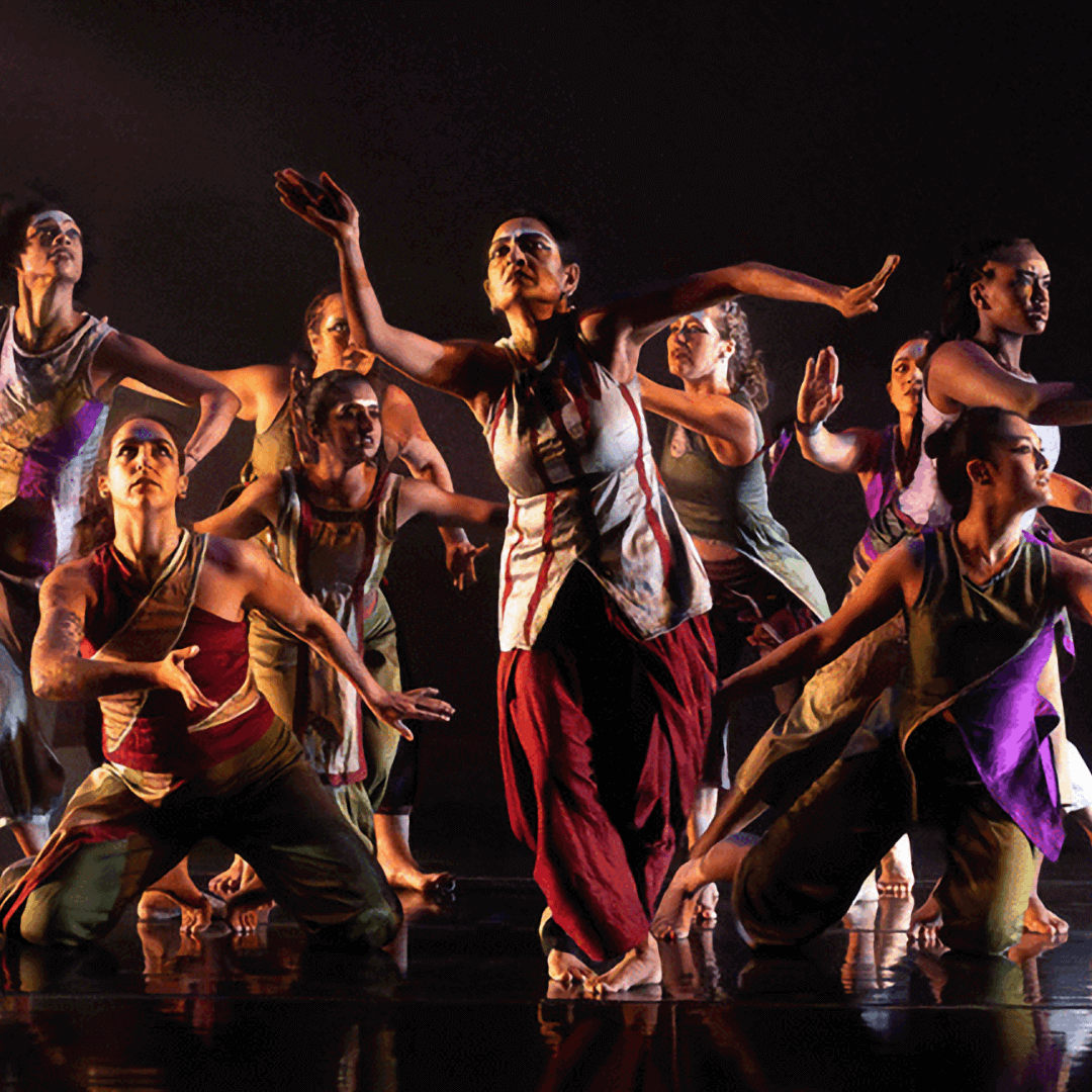 A female dancer in traditional Pakistani clothing poses with her right leg placed in front of her left leg, her right arm held out with the palm up, and her left arm held out with the palm facing down and out. Behind and on either side of her, filling the composition, are eight female dancers of various skin tones and ethnicities. Each one wears a traditional Pakistani costume and is holding a unique pose. The background is dark and the polished stage slightly reflects the feet and legs of the dancers.