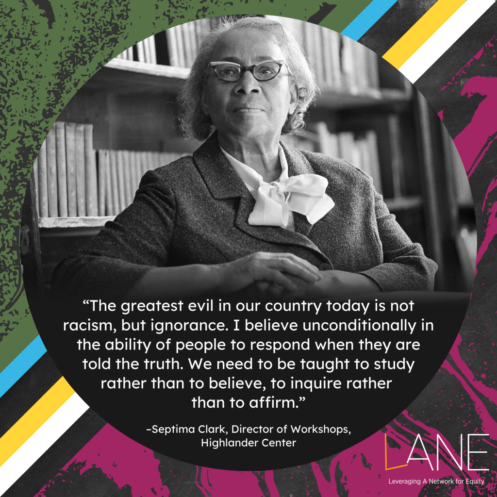 'The greatest evil in our country today is not racism, but ignorance. I believe unconditionally in the ability of people to respond when they are told the truth. We need to be taught to study rather than to believe, to inquire rather than to affirm.' --Septima Clark, Director of Workshops, Highlander Center // Bob Fitch photography archive, (c) Stanford University Libraries