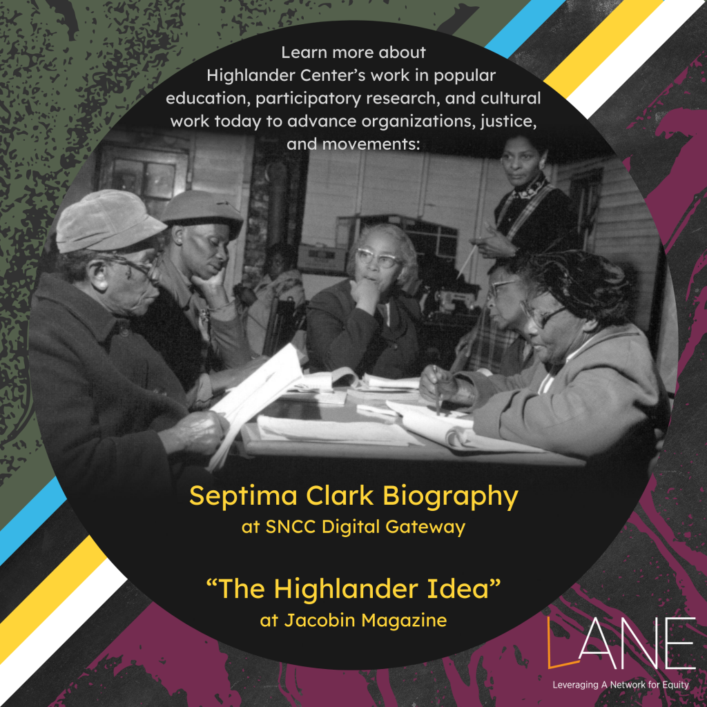 Learn more about Highlander Center’s work in popular education, participatory research, and cultural work today to advance organizations, justice, and movements. (links in caption)