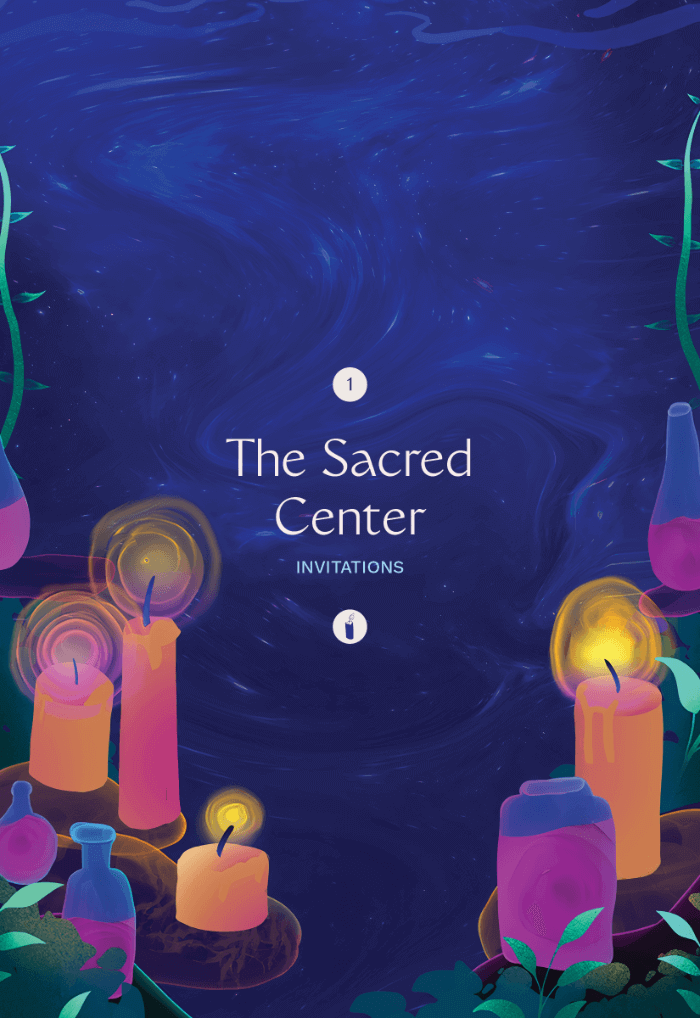 Illustration of a watery dark blue landscape dotted with leafy vines and pink and orange lit candles and blue vessels holding purple liquid.
