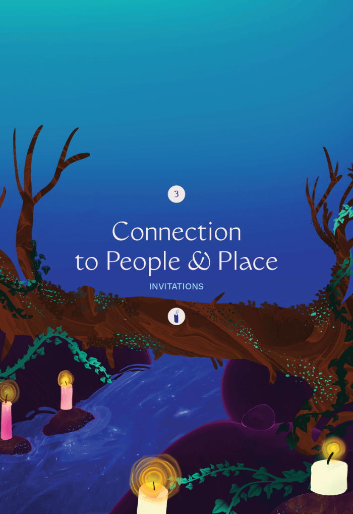 Illustration of a tree trunk that horizontally bisects a river within a watery dark blue landscape dotted with lichen, leafy vines, and warm lit candles.