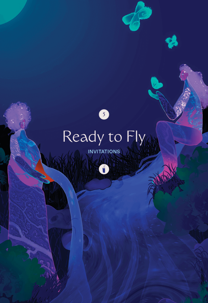 Illustration of a watery dark blue landscape flanked by a standing person with an afro, pouring water into a river, and a long-haired person, sitting on the bank, releasing bright green butterflies from their hands into the sky.