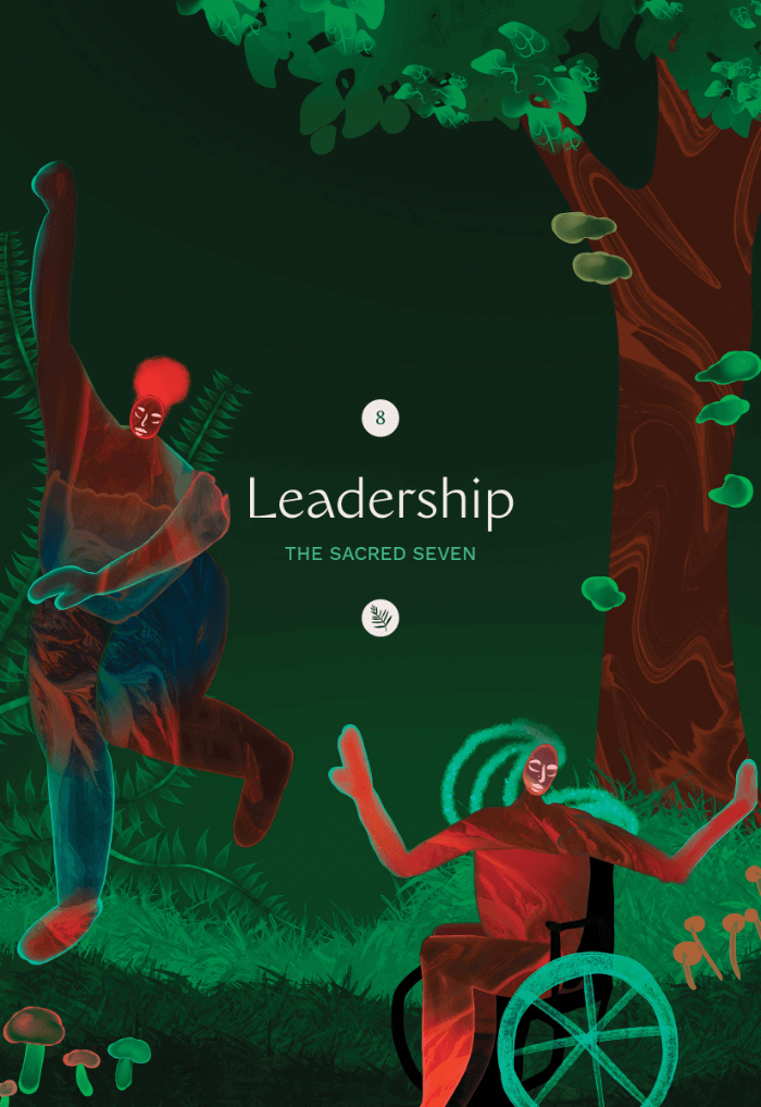 Illustration of a green forest scape of trees, wild grass, ferns, and mushrooms, flanked by two dancing people, one standing and one sitting in a wheelchair.