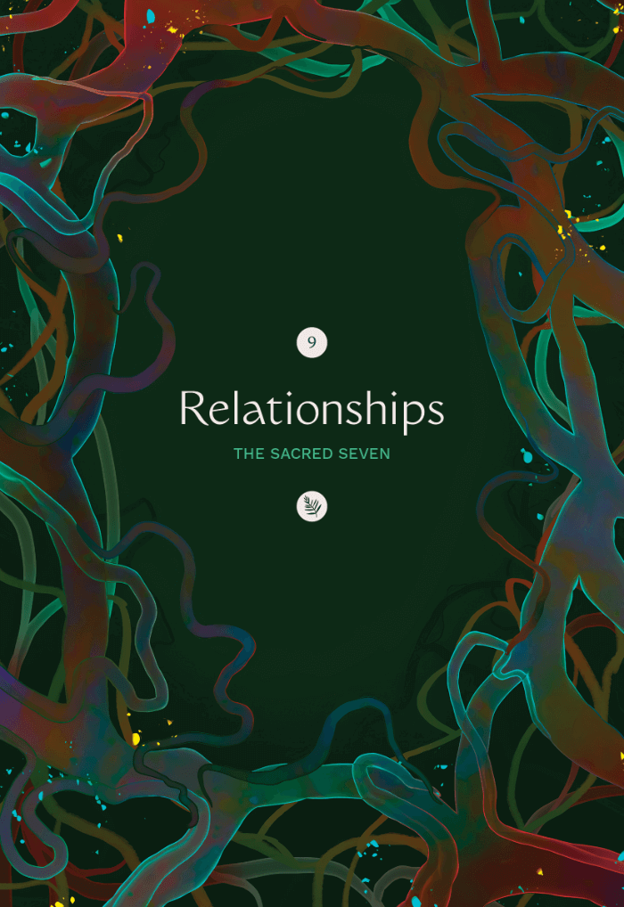 Illustration of a green background surrounded by luminous, entangled green and brown roots with highlights of purple, blue, red, and cyan.