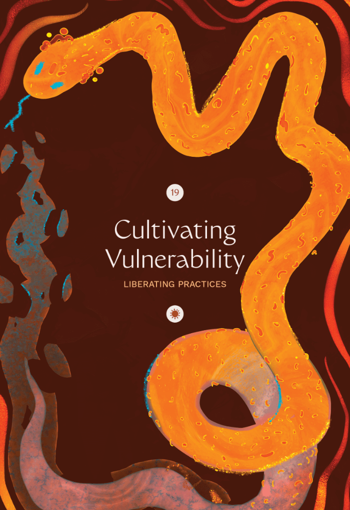 Illustration of the swirling body of a speckled orange snake with sky blue eyes and tongue, shedding a translucent orange and blue skin from its tail. Orange wavy lines radiate from the snake against a dark brown background.