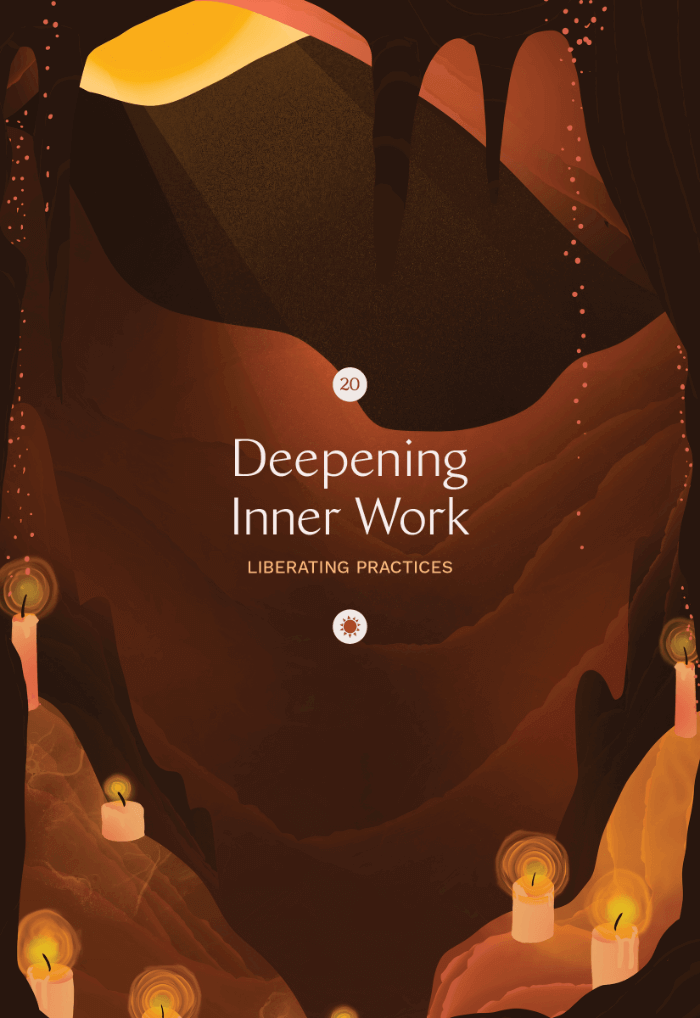 Illustration of the depths of a dark brown and orange cavern lit only by a few rays of sunlight and scattered lit candles.