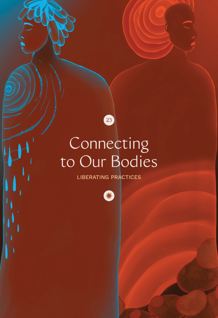 Illustration of two dark brown-skinned silhouettes facing away from each other. One is outlined in blue and has hair like raindrops, the other is outlined in orange and has hair like the radiating sun.