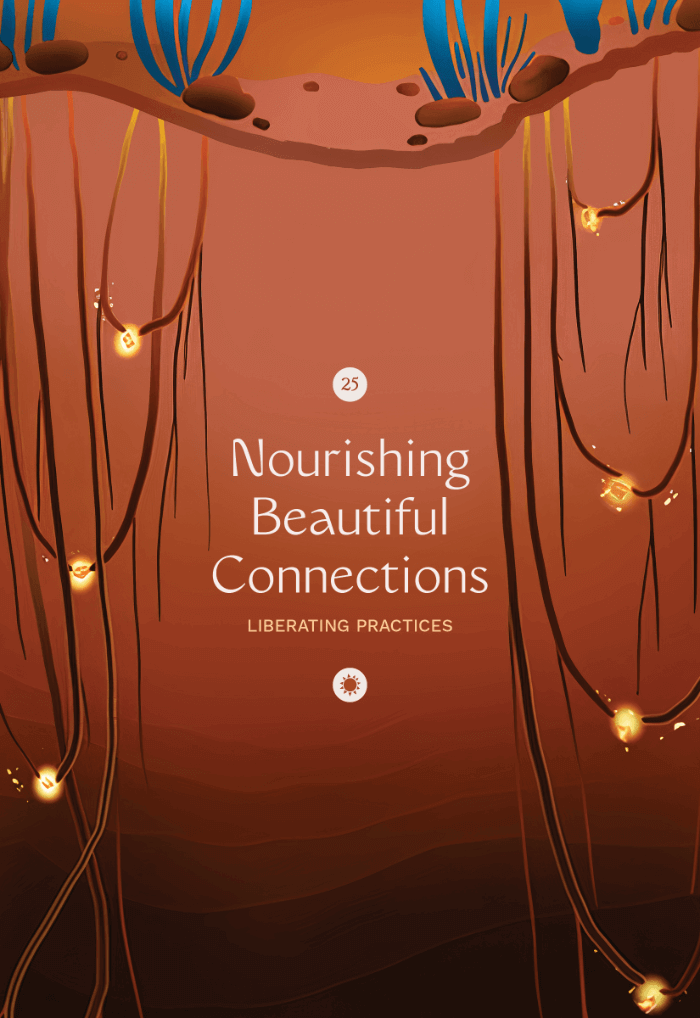Illustration of stringy golden brown roots dotted with sparkling golden orbs. Blue plants attached to these roots appear at top against an orange background.
